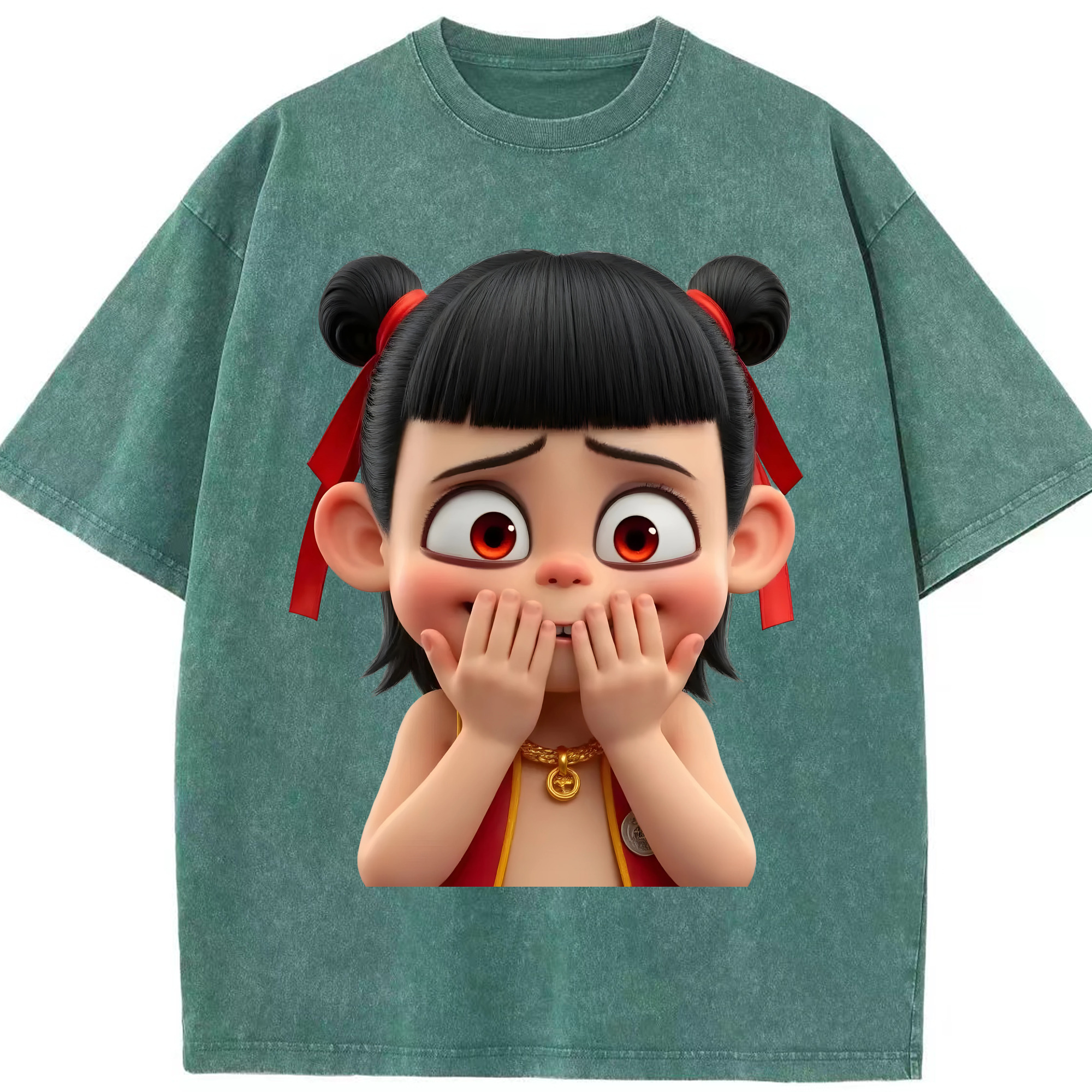 （画像用） Ne Zha 2 ナタ 魔童の大暴れ 綿100% ヴィンテージ風 半袖Tシャツ（フロントプリント）